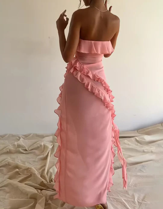 Luolandi Lovely Strapless Ruffles Birthday Outfits Sweet Wedding Guest Dress Off Shoulder Party Dress